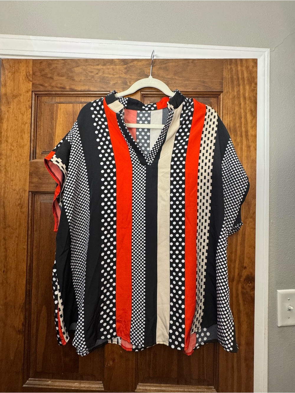 Striped & Polka Dot V-Neck Blouse in Black, Red & Cream